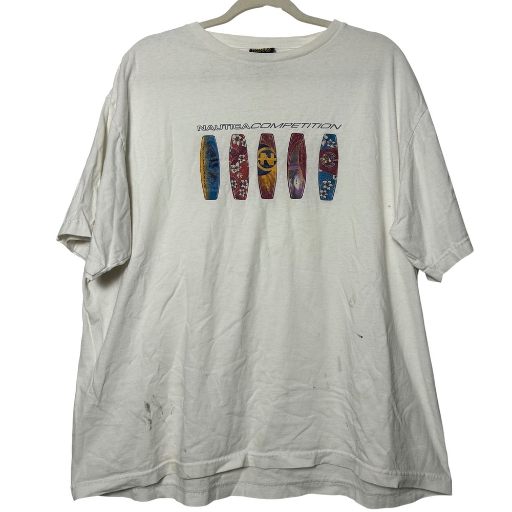 Vintage 90s Nautica Competition T Shirt Mens XL White Surfboard Graphic‎ Tee